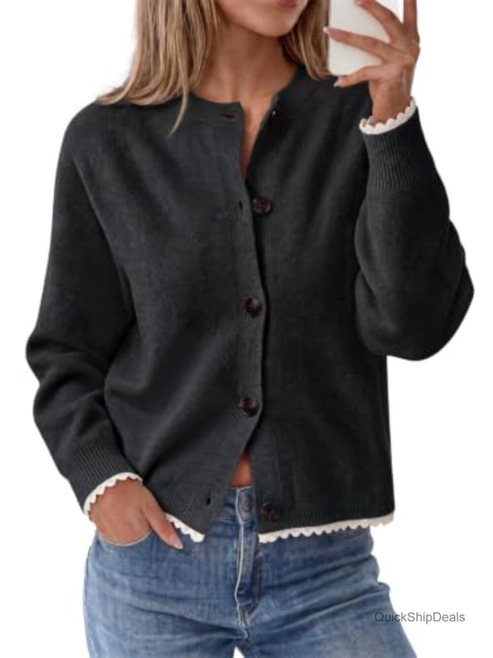 Womens Lace Trim Cardigan Sweater Button Down Knit with Removable Scarf